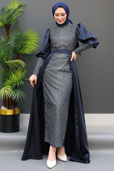 GİZ AGİYİM Dark Navy Blue Talya Hijab Evening Dress