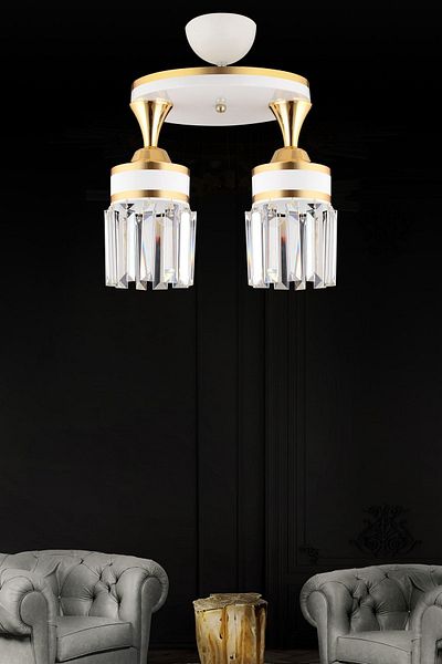 KARDELEN AYDINLATMA AVİZE Nairobi 2-Piece White Placemat with Crystal Stone and Yellow Strip Cylinder Downward Facing Luxury Chandelier