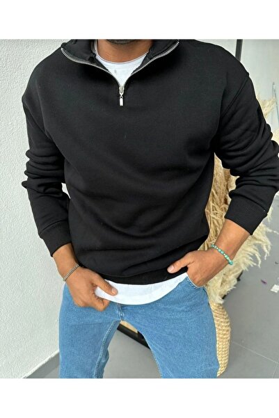 NİCE Fleece Black Unisex Sweatshirt - Half Zipper, Stand Collar Winter