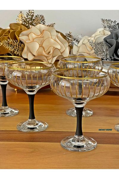 Paşabahçe PASHABAHÇE 6-Piece Gold Gilt Ice Cream Cut Ice Cream Cup Gold Snack Bowl Gift Dowry Box Luxury