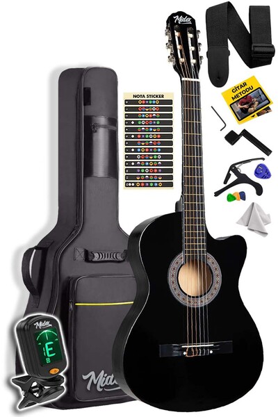 Midex Cg-390bk-xbag Siyah Klasik Gitar 4/4 Sap Ayarlı Kesik Kasa Full Set (ÇANTA TUNER ASKI CAPO PENA)