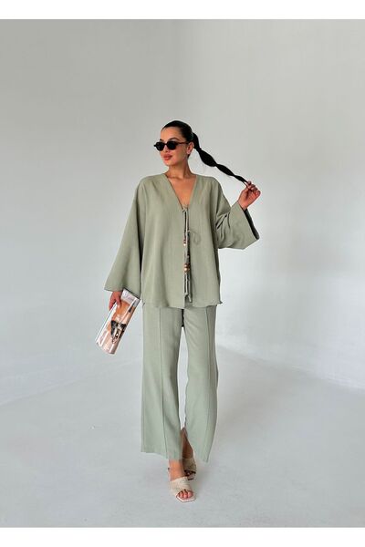 Laluvia Linen Kimono and Beaded Bag Set - Çağla