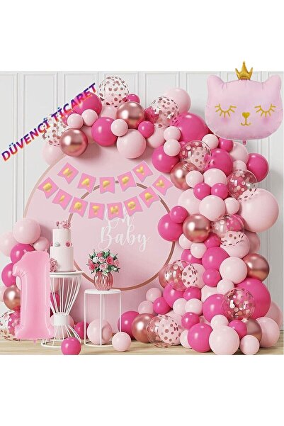 DÜVENCİ TİCARET FUŞYA PEMBE TONLARINDA KEDİ FOLYO BALONLU BALON ZİNCİR SET