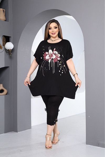 HÜLYA BUTİK WOMEN'S BLACK SINGLE FLOWER PATTERNED SLIT BLUZ