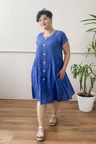Zer Otantik Button Detail Washed Large Size Dress Navy Blue