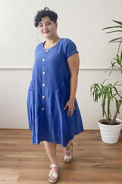 Zer Otantik Button Detail Washed Large Size Dress Navy Blue