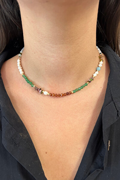 Suerte Accessories Turmalin Akik Apatit ve Yeşim Doğal Taş Mayorka İnci El Ya...