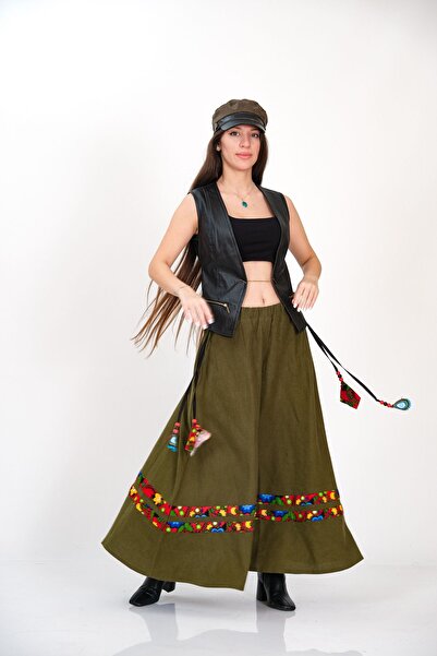 İna Khaki Green Fabric Long Winter Skirt with Removable Sides and Ornamental Detail