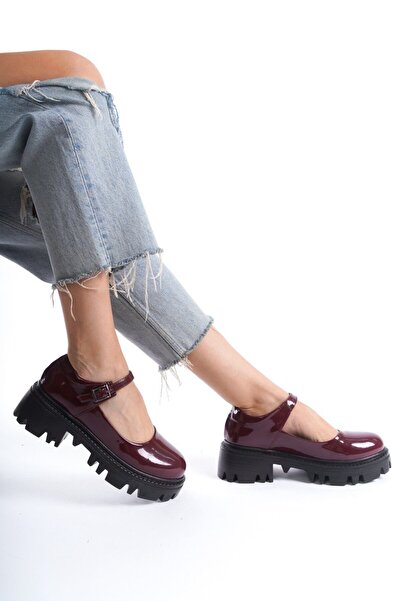 BARAZİ MODA mary jane bordo rugan tek batli kadın ortopedik casual Gündelik Loafer ayakkabı