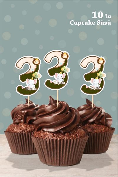 neşeli günlerim Ornament pentru cupcake cu tematică Safari Party de 3 ani „10 buc