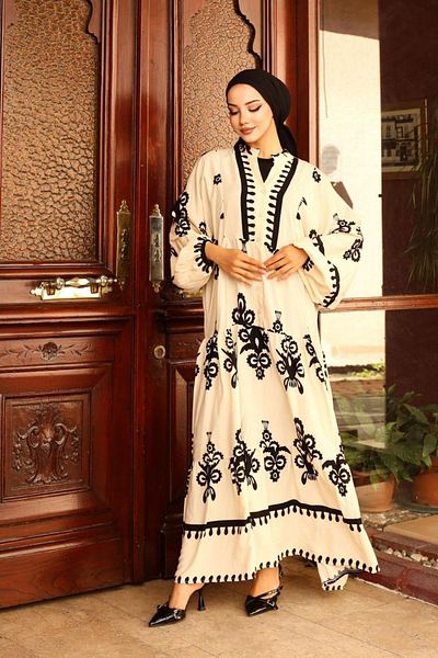 Bold Grup Premium Viscose Women's Dress - V-Neck, Ethnic Pattern, Bat Sleeve, Hijab