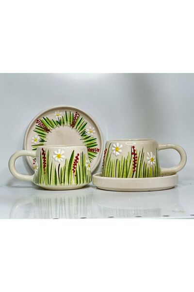 Çiporcal طقم كوب كلاسيكي مصنوع يدويًا من السيراميك باللون الأبيض مكون من طبقين