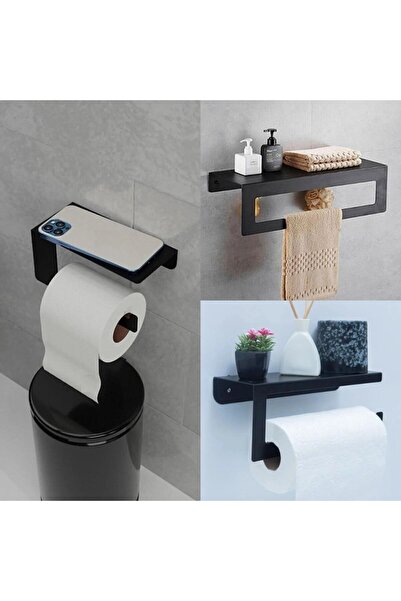 JaguArt Modern Metal 3'lü Set Raflı Banyo Mutfak Havlu Askılığı Rulo Havlu As...