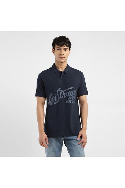 Levi's Men's Dark Blue Text Printed Collared Short Sleeve Polo T-Shirt