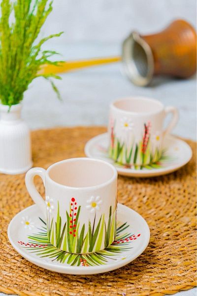 Çiporcal Ceramic Handcrafted White Daisy Set of 2 Turkish Coffee Cups