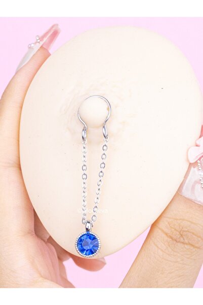 MORNEVA Deliksiz Renkli Taşlı Sallantı Sıkıştırma Klipsli Fake Meme Ucu Piercingi (Çift) Lacivert