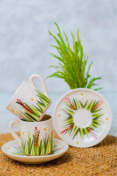 Çiporcal Ceramic Handcrafted White Daisy Set of 2 Turkish Coffee Cups