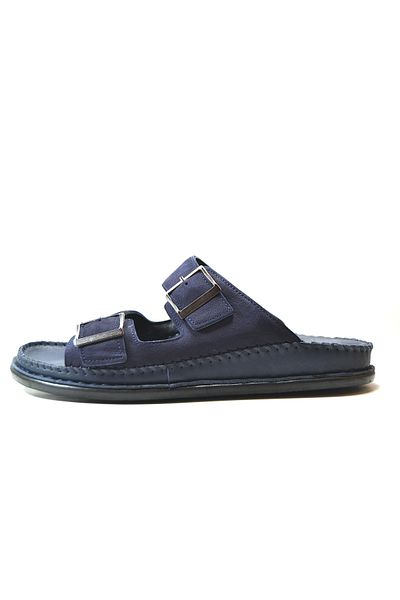 Onlo Ayakkabı BT.144 Navy Blue Orthopedic Buckle Genuine Leather Daily Slippers