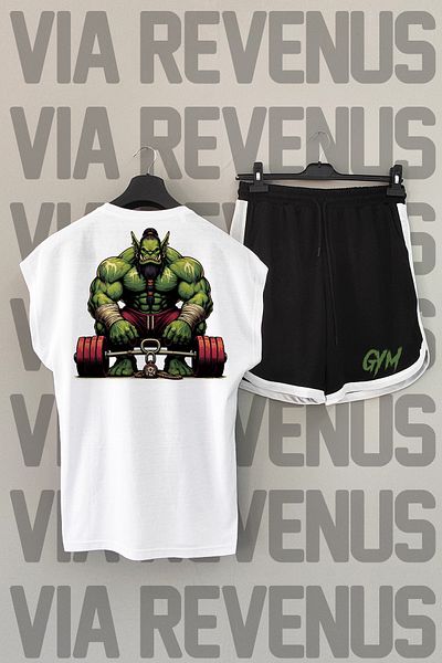 Vordevia ORK GYM White Crew Neck Sports T-shirt and Black Sports Shorts Set - Back Print, Zero Sleeve