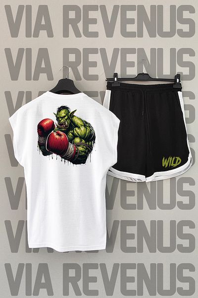 Vordevia Wild Orc Crew Neck Λευκό και Μαύρο Αθλητικό Σετ - Πίσω στάμπα, μηδενικά μανίκια