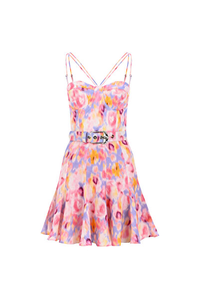 Urban Muse Kuplu Keten Desenli Elbise - Pembe