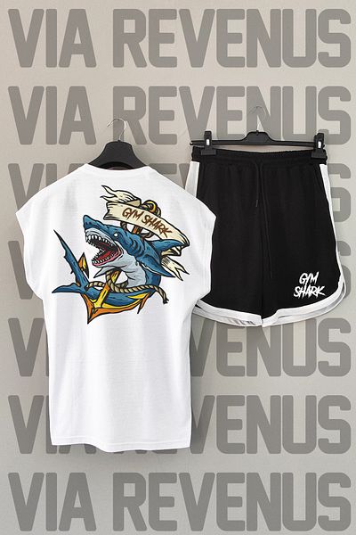 Vordevia Gym Shark Back Printed μηδενικά μανίκια Crew λαιμόκοψη Λευκό αθλητικό μπλουζάκι και μαύρο αθλητικό σορτς