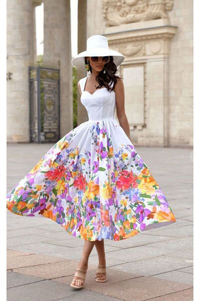 S&A Collectionn Rochie de damă cu bretele groase cu imprimeu floral - guler pătrat și elastic pentru spate