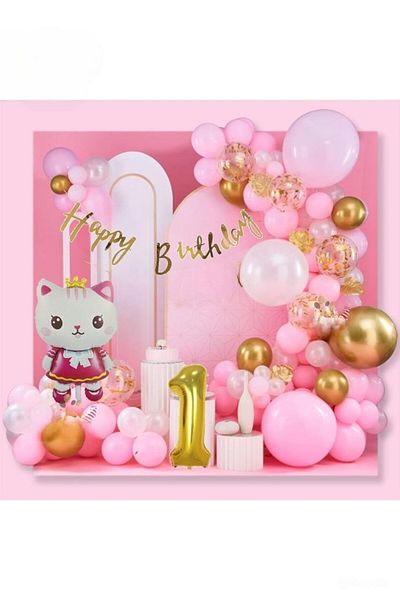 DÜVENCİ TİCARET 1 Year Old Cute Cat - Birthday Party Set with Gold Pink Foil Balloons