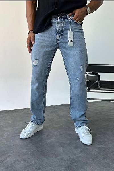 Genel Markalar Baggy Mavi Renk Taşlamalı Yırtık Detaylı Kot Pantolon