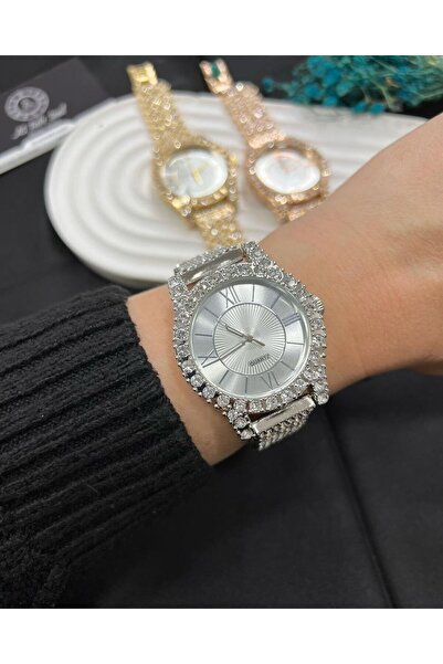 ÇENÇEN Şık Dizayn Gümüş Renk Çelik Kasa Taşlı Kol Saati