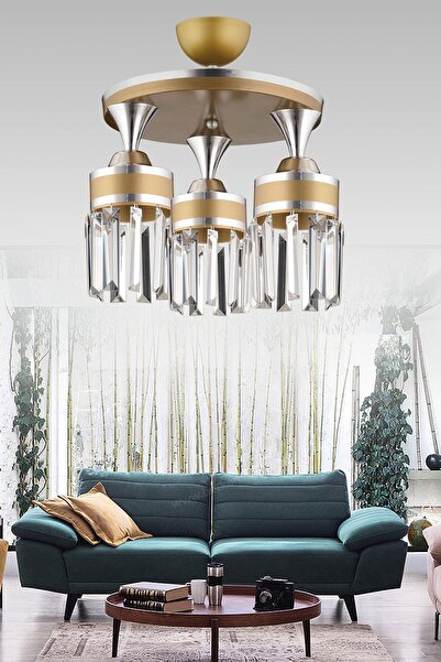 KARDELEN AYDINLATMA AVİZE Nairobi 3'lü Eskitme Plafonyer Kristal Taşlı Krom Ş...