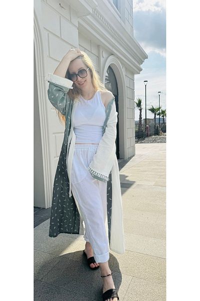 SARE ERKMEN Green White Large Size Summer Long Kimono
