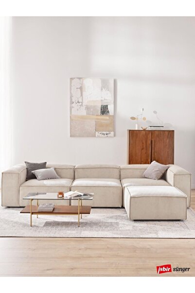 Mobilya Depom Mode Soft Köşe Koltuk Takımı 4 Modül Kırık Beyaz Fitilli Kadife...