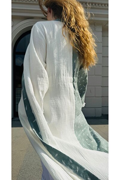 SARE ERKMEN Green White Large Size Summer Long Kimono