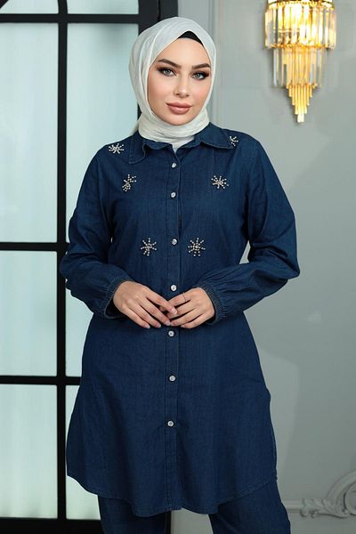 Herita Jeans-Set mit Knopfleiste und Steindetail, Dunkelblau, 19149