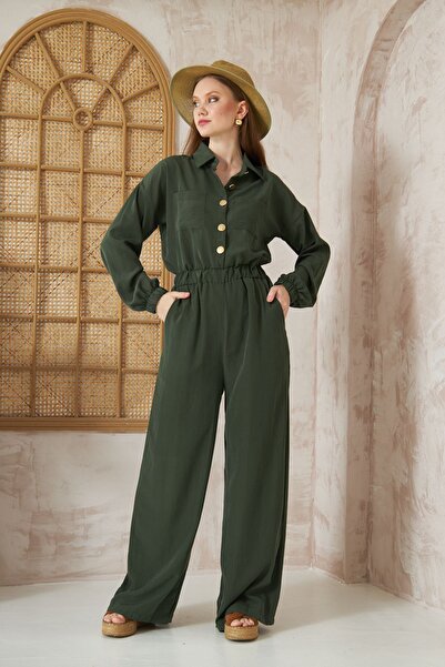 Yıldızistan Kadın Haki Cepli Beli Lastikli Uzun Kol Bol Kesim Kupra Tulum 3360330