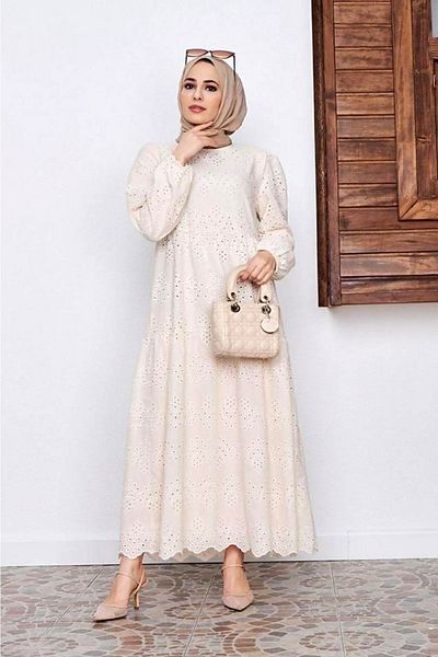 She Olive Guipure Hijab Dress - Stone