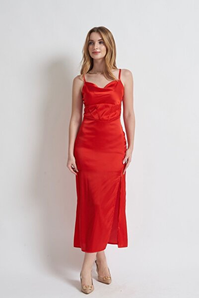 Rabia Çelik Kadın Kırmızı Beli Korse Görünümlü Midi Abiye&Mezuniyet Elbisesi