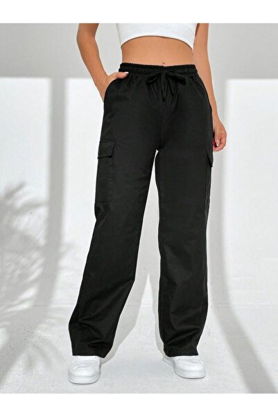 FİTGO Siyah Kargo Cep Kadın Eşofman Altı