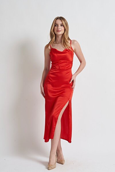 Rabia Çelik Kadın Kırmızı Beli Korse Görünümlü Midi Abiye&Mezuniyet Elbisesi