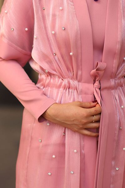 PHUDRA LİNE Kadın Dar Kalıp Pembe Taş Ve Şifon Detaylı Içli Dışlı Ikili Takım Abiye Elbise