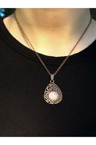 esha Doğal Taş Pembe Kuvars Doğal Taşlı Kadın Antik Modelli Kolye 40cm Zincir...