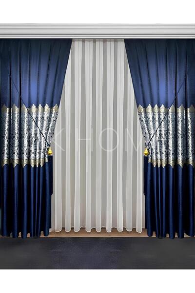 SAYDEMİR HOME Pano Fon Perde Lacivert Damask Çiçek Desenli Fon Perde SIK PİLE 1/3 TEK KANAT