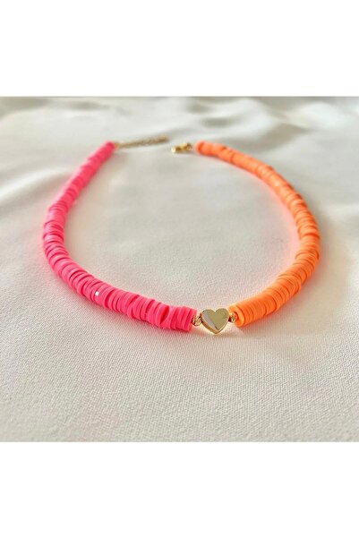 Misto Aksesuar Yarı Turuncu Yarı Pembe Kalpli Fimo Kolye