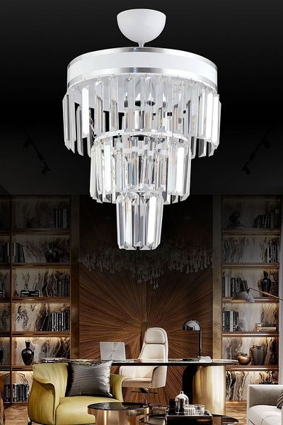 KARDELEN AYDINLATMA AVİZE Paris 3-Tier White, Chrome Gilded, Crystal Stone, 30' Modern Chandelier