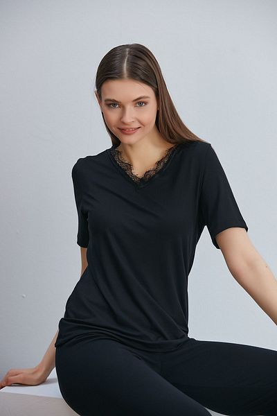 ÇAĞ MODA Set de pijamale cu mânecă scurtă din dantelă din bumbac pieptănat, viscoză, negru