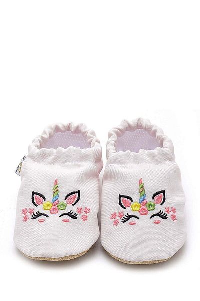 First Step Unicorn Patterned White Booties - Non-Slip Sole, Slippers Nursery Slippers F-824