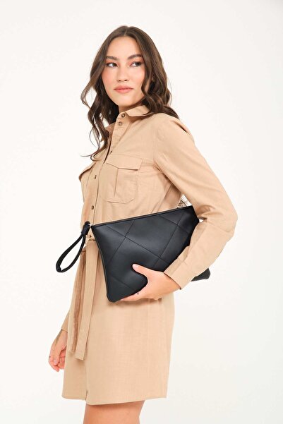 Simfa Premium Kadın Siyah Deri Kapitoneli El Çantası ( Clutch / Portföy )