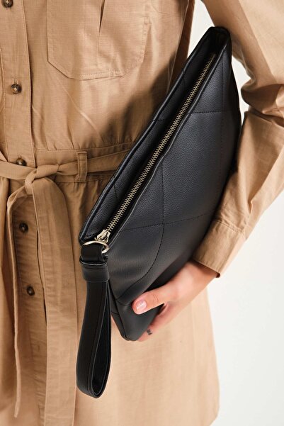 Simfa Premium Kadın Siyah Deri Kapitoneli El Çantası ( Clutch / Portföy )