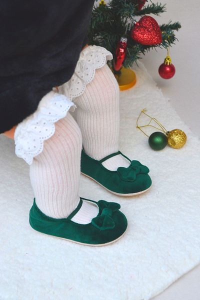 First Step Green Velvet Baby Girl Elastic First Step Ballerinas-F-543